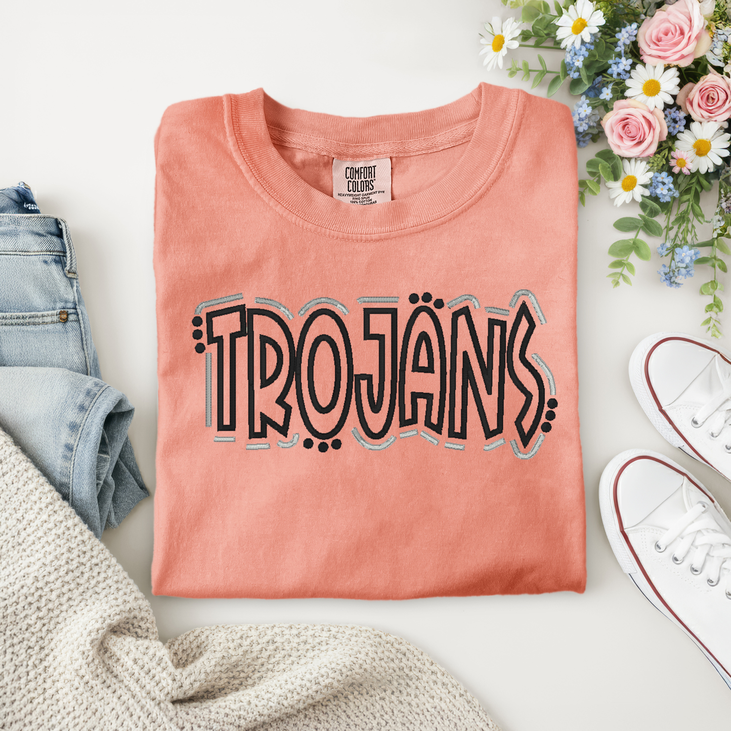 Trojans Doodle with Flowers